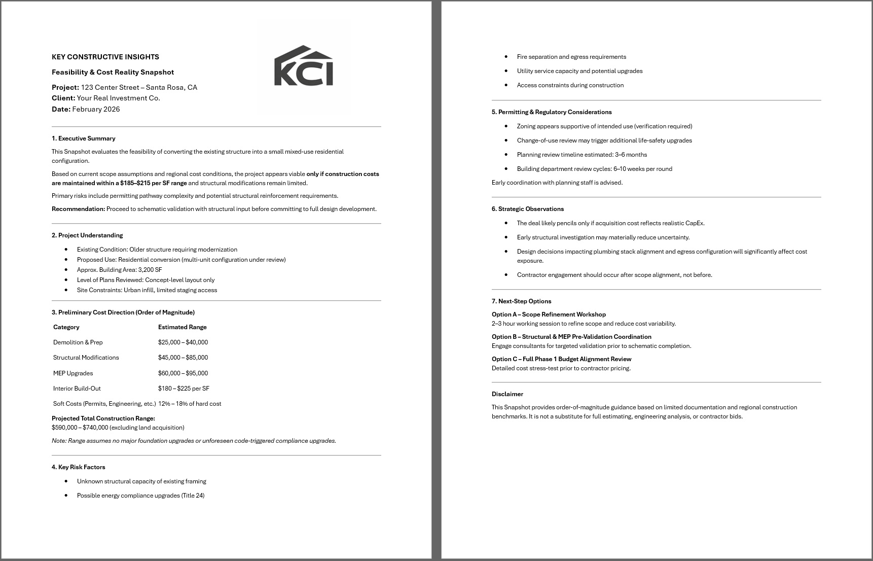 Feasibility & Cost Reality Snapshot Example